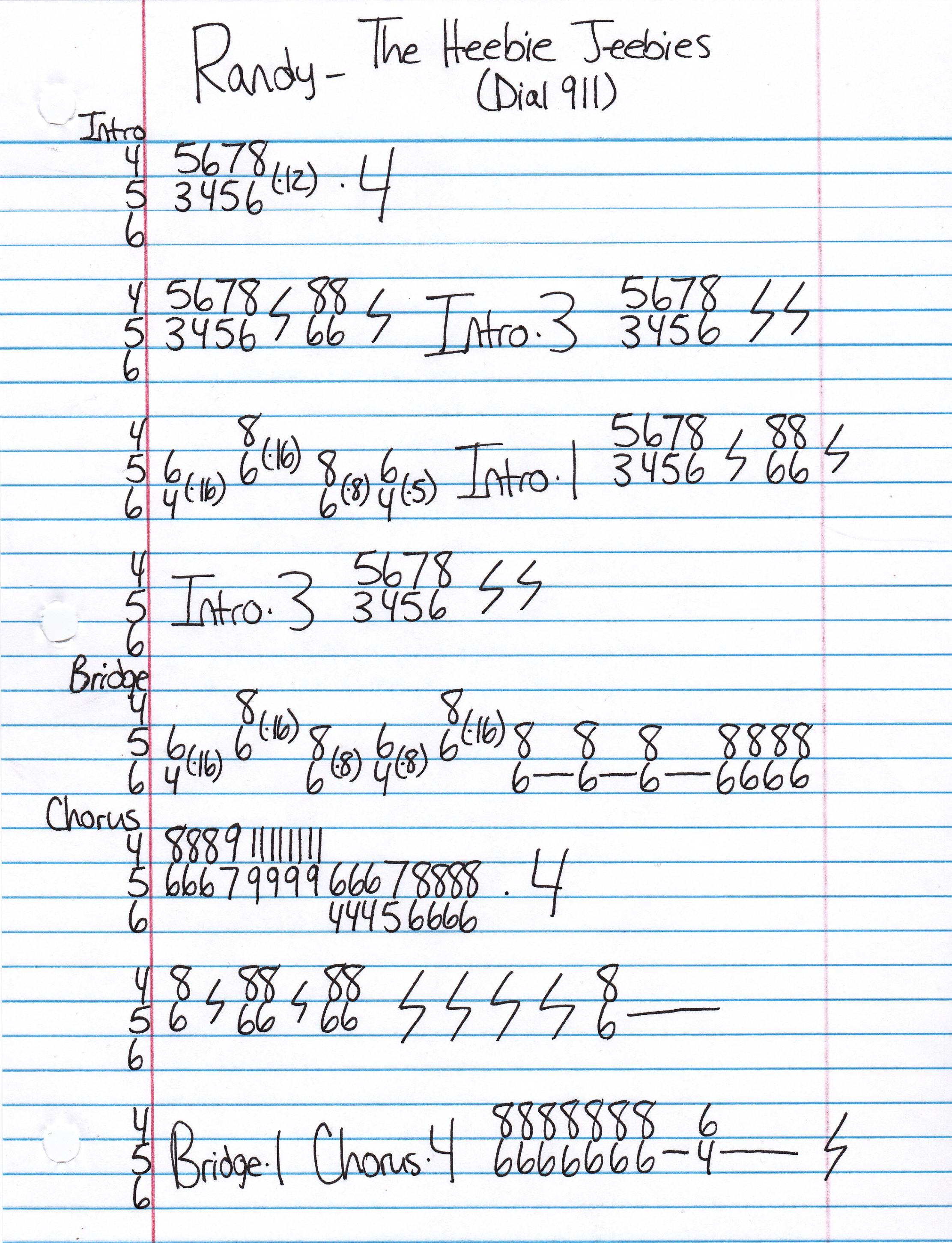 High quality guitar tab for The Heebie Jeebies (Dial 911) by Randy off of the album The Human Atom Bombs. ***Complete and accurate guitar tab!***